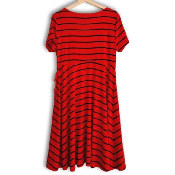 TORRID \ Faux Wrap Knee Length Midi Dress Stretch Jersey Knit Stripe Red Blue M - Picture 8 of 13